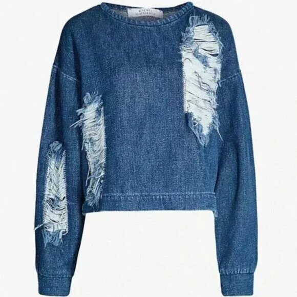 Designer Fall/Winter 2018 Ready-To-Wear Collection Distressed Denim Top/Sweater - Picture 4 of 9